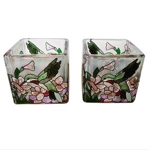 2pc Hand Painted Joan Baker Designs Hummingbird Floral Candle Holders